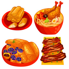 Chinese food set menu isolated on white background illustration vector. (Spring Rolls, Dim Sum, Wonton, Chow Mein, Sweet and Sour Chicken, Peking Duck).