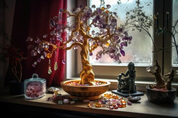 Fototapeta na wymiar Home Feng Shui altar. Bringing prosperity. Crystal clusters, wire tree with jewels, gilded Buddha on table and window sill. Colorful. Generative AI