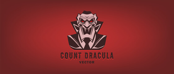 Vector simple scary awesome horror portrait of Count Dracula. Red bloody logo, icon or sticker.