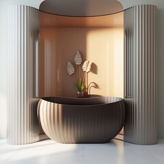 Brown oval bathtub in modern gray wall bathroom, reeded glass partition with recessed wall shelf, plant on marble floor in sunlight from window for luxury interior background