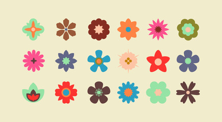 Groovy flower. Flat flower icons set. Retro 70s vector isolated elements.