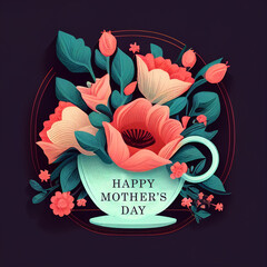 A pot of flowers with the words happy mother's day on it. Happy Mothers Day concept illustration with flowers. Happy mother's day greeting card design