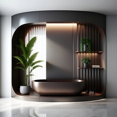 Brown oval bathtub in modern gray wall bathroom, reeded glass partition with recessed wall shelf, plant on marble floor in sunlight from window for luxury interior background