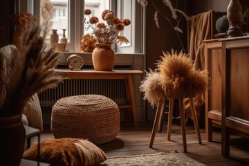 Wooden chair, crocheted pouf, wicker baskets, dried flowers, and pampas grass decorate the brown home. Indoor dried flowers and plants. Scandi chic. Generative AI