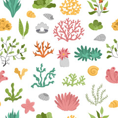 Vector seamless pattern with seaweeds. Under the sea repeat background with cute corals, actinia, luminaria, star, phyllophora, seashells, pearl. Ocean life or water weeds digital paper.