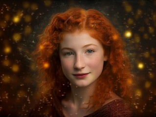 Portrait of a beautiful autistic or hypersensitive girl with long red hair, freckles and nice green eyes, a person with autism, invisible handicap looking normal but different, made with AI Generative