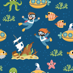 Vector under the sea seamless pattern. Repeat background with cute fish, seaweeds, divers, submarine. Ocean life digital paper. Funny water animals and weeds illustration with wracked ship.