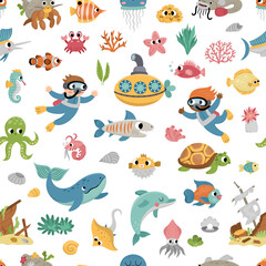 Naklejka na ściany i meble Vector under the sea seamless pattern. Repeat background with cute fish, seaweeds, divers, submarine. Ocean life digital paper. Funny water animals and weeds illustration with dolphin, whale.