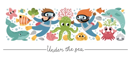 Fotobehang Vector horizontal under the sea border set with fish, divers. Ocean card template design with farm characters. Cute water animals border with dolphin, whale, octopus, star, crab. © Lexi Claus