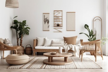Attractive modern wooden living room with white background, Scandinavian style, Rattan home decor,. Generative AI