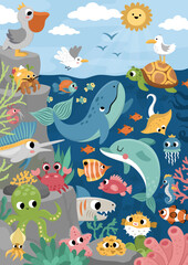 Plakat Vector under the sea landscape illustration with rock slope. Ocean life scene with animals, dolphin, whale, shark, seagull, pelican, sun. Cute vertical water nature background for kids.