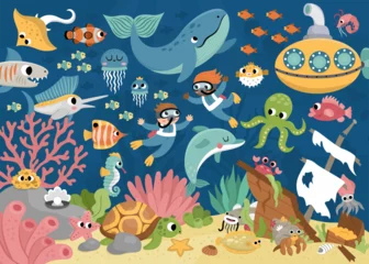 Papier Peint photo Vie marine Vector under the sea landscape illustration. Ocean life scene with animals, dolphin, whale, submarine, divers, wrecked ship. Cute horizontal water nature background. Aquatic picture for kids.