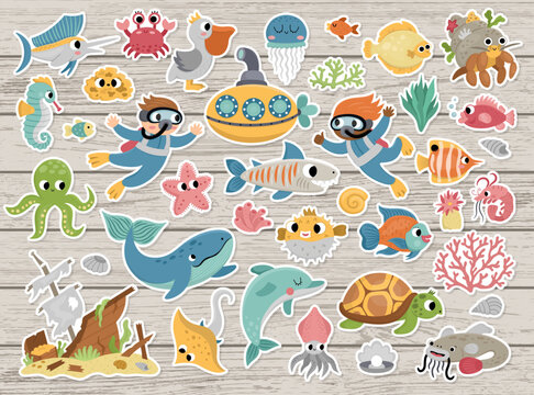 Big vector under the sea stickers set. Ocean patches icons collection with funny seaweeds, fish, divers, submarine. Cute cartoon water animals and weeds illustrations on wooden background.