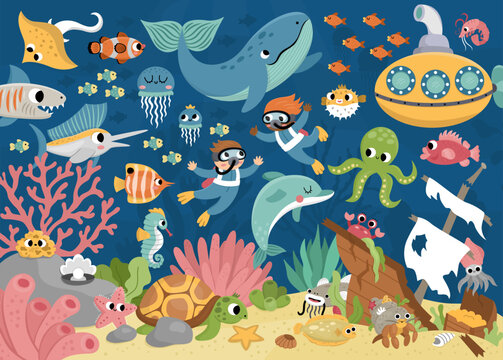 Vector under the sea landscape illustration. Ocean life scene with animals, dolphin, whale, submarine, divers, wrecked ship. Cute horizontal water nature background. Aquatic picture for kids.