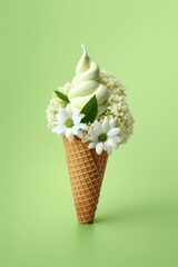 Vegan vanilla ice cream in waffle cone decorated with white flowers. Creative idea for spring season. AI generative. 