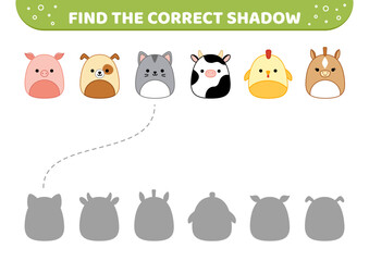 Farm animals. Squishmallow. Find the correct shadow. Shadow matching game. Cartoon, vector