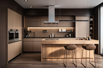 Kitchen in modern style. Wooden kitchen interior with kitchen furniture