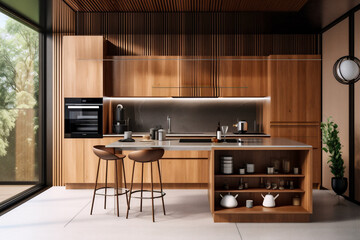 3d visualization of the kitchen in a modern wooden style