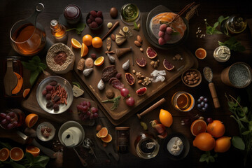 Obraz na płótnie Canvas Knolling Gourmet Food - Generative AI Illustration of Food Cuisine Collection