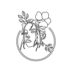 Simple line art deco female decorated by leaves vector illustration. Beauty woman elegant hand drawn spring floral black icon isolated on white