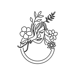 Simple line art deco female decorated by leaves vector illustration. Beauty woman elegant hand drawn spring floral black icon isolated on white