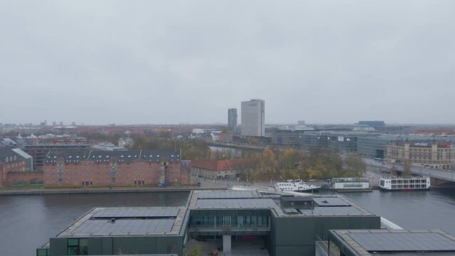 Aerial rise above BLOX building in Copenhagen