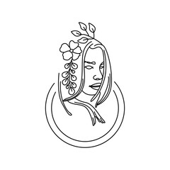 Simple line art deco female decorated by leaves vector illustration. Beauty woman elegant hand drawn spring floral black icon isolated on white