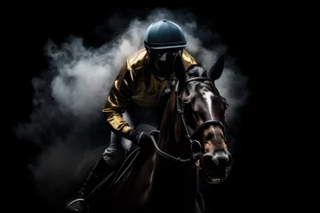 Foto op Canvas Horse racing at night. Silhouette of thoroughbred and jockey. Generative AI. © junghc1