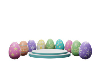 3D illustration Colorful Easter eggs around with podium stage on  transparent background