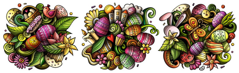 Happy Easter cartoon vector doodle designs set.