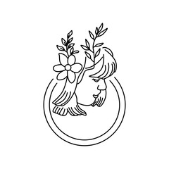Naklejka premium Simple line art deco female decorated by leaves vector illustration. Beauty woman elegant hand drawn spring floral black icon isolated on white