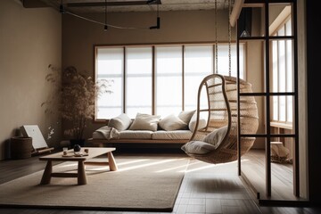Japanese living room with copy space, architect interior designer idea. Sofa and hanging chair. Wabi sabi,. Generative AI