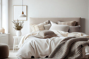 Modern interior of light bedroom with frame and flower, AI Generated