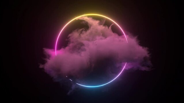 3d render, abstract minimal background, pink blue neon circular frame with copy space. Illuminated storm clouds inside the circle, bright geometric shape. endless loop