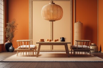 Japanese tea ceremonial room mockup in orange and beige. Table, chairs, tatami. Japanese minimalism,. Generative AI