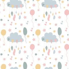 Vector seamless pattern for baby shower with cute baby elements footprints, babycloths and baloons. Nice printing design for fabric, paper or wallpaper that can be used for baby shower party.