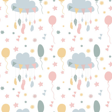 Vector seamless pattern for baby shower with cute baby elements footprints, babycloths and baloons. Nice printing design for fabric, paper or wallpaper that can be used for baby shower party.