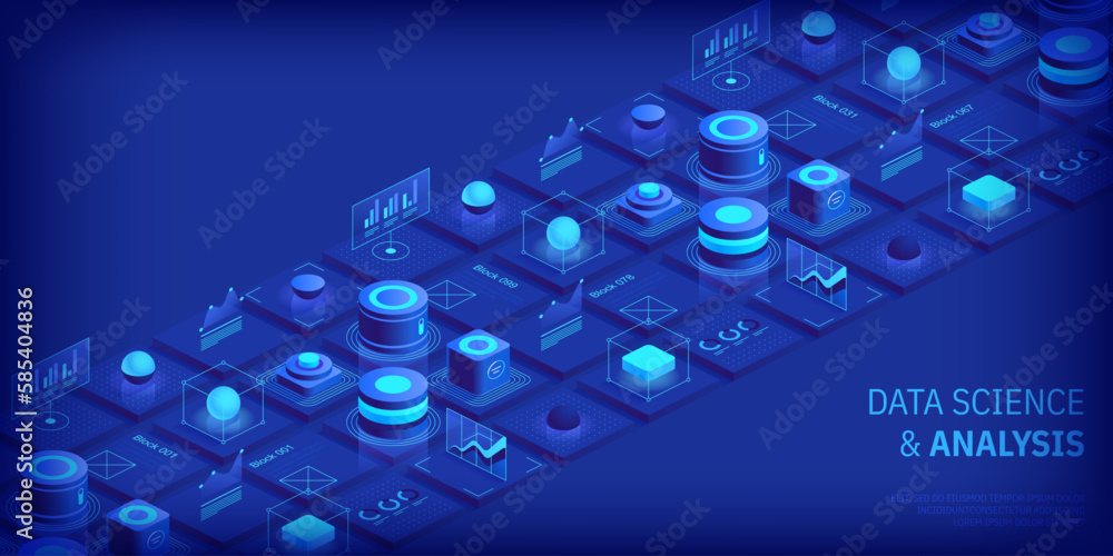 Poster modern isometric design concept of data science and analysis. technology background. illustration fo
