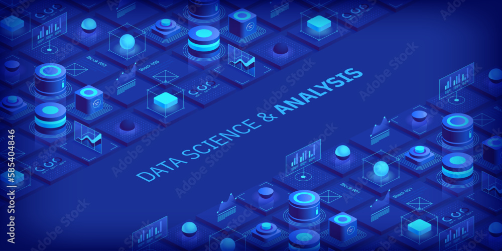 Poster modern isometric design concept of data science and analysis. technology background. illustration fo