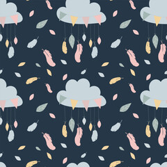 Vector seamless pattern for baby shower with cute baby elements footprints, babycloths and baloons. Nice printing design for fabric, paper or wallpaper that can be used for baby shower party.