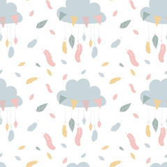 Vector seamless pattern for baby shower with cute baby elements footprints, babycloths and baloons. Nice printing design for fabric, paper or wallpaper that can be used for baby shower party.