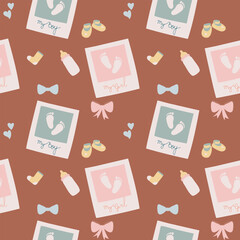 Vector seamless pattern for baby shower with cute baby elements footprints, babycloths and baloons. Nice printing design for fabric, paper or wallpaper that can be used for baby shower party.