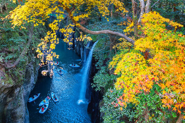Miyazaki, Japan - Nov 24 2022: Takachiho Gorge is a narrow chasm cut through the rock by the Gokase...