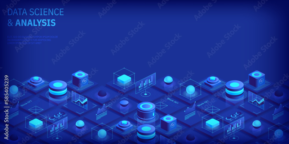 Poster modern isometric design concept of data science and analysis. technology background. illustration fo