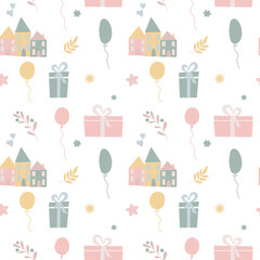Vector seamless pattern for baby shower with cute baby elements footprints, babycloths and baloons. Nice printing design for fabric, paper or wallpaper that can be used for baby shower party.