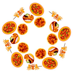 Illustration Asian food. Cartoon restaurant menu.Vector illustration mandala. Cute element for greeting cards, posters, stickers and seasonal design. Isolated on white background.