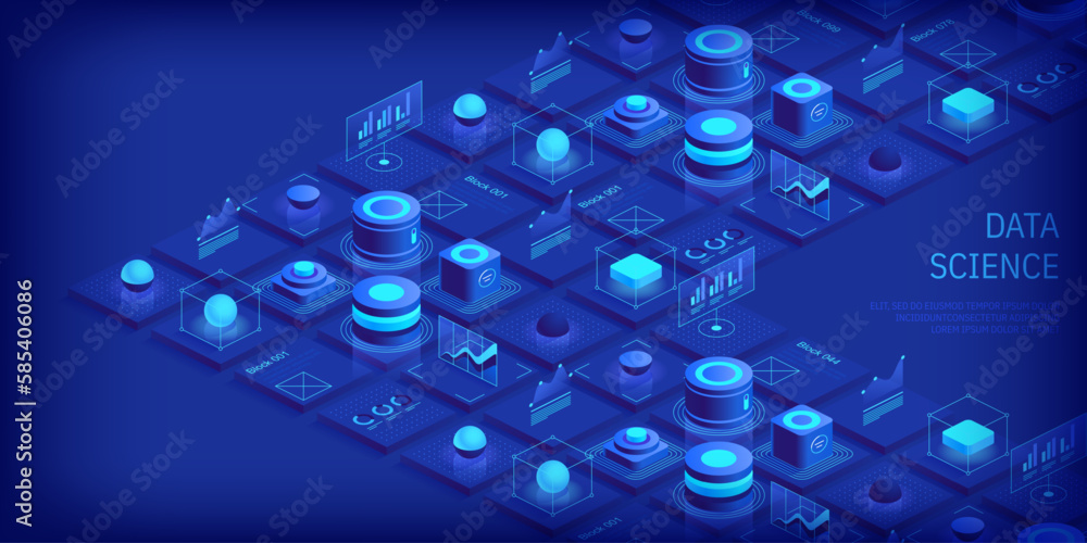 Poster modern isometric design concept of data science and analysis. technology background. illustration fo