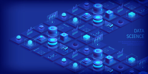 Modern isometric design concept of data science and analysis. Technology background. Illustration for websites, landing pages, mobile applications, posters and banners