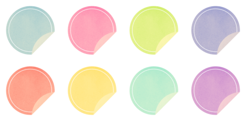 Mockup realistic pastel colored paper round stickers with curved corner. Round sticker on a transparent background. Extracted, png file, isolated