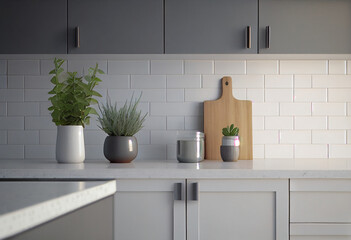 Close up details of contemporary white apartment kitchen with subway tiles, AI Generated
